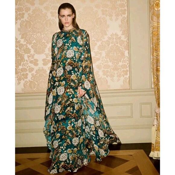 NEW $3950 MARY KATRANTZOU DIDION Floral-Print Empire-Waist Silk Cape Gow…